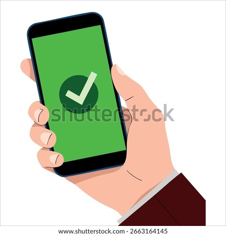 Checkmark on smartphone screen showing green confirmation notification of success finishing app update or purchase payment tick on mobile phone
