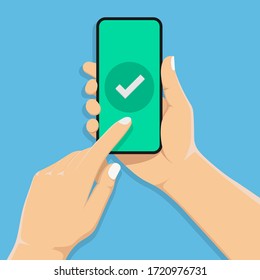 Checkmark on smartphone screen.hand holds a mobile phone.Touch finger.vector illustration isolated on blue background.10 eps.
