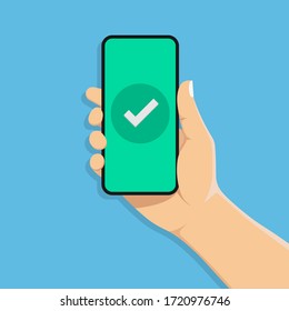 Checkmark On Smartphone Screen.hand Holds A Mobile Phone.vector Illustration Isolated On Blue Background.10 Eps.