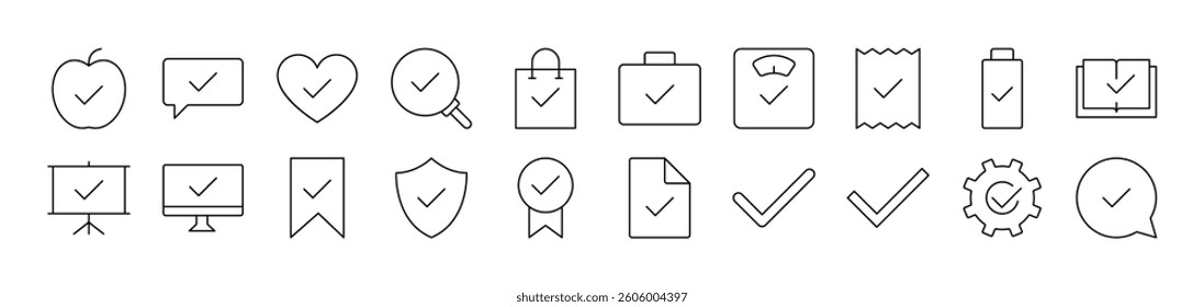 Checkmark on Various Elements Related Image Collection. Editable Stroke. Perfect for Infographics, Articles, Books, Flyers, Banners