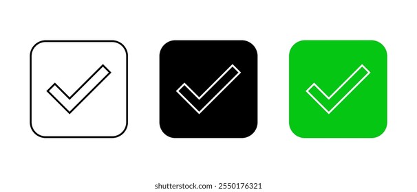 Checkmark outline icon on square background. Check mark, approved sign symbol