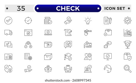 Checkmark outline Icons set. Check, approve, ticks, quality check, confirm, correct, checklist and verified. 
