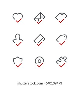 Checkmark outline vector icon set - heart, envelope, document, person, credit card, price tag, shield, address and puzzle with tick or check box symbols. Contacts and business signs.
