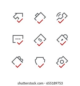 Checkmark outline vector icon set - house, briefcase, phone, chat, dollar, lock, gift, shield and camera with tick or checkbox symbols. Contacts, business and realty signs.