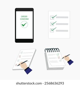 checkmark , red cross mark icon set note pad, mobile phone order confirm tick symbols, checklist signs, approval Flat  design, vector illustration