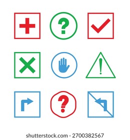 Marca de verificación de la mano de la carretera samble diverso conjunto de iconos de comunicación y alerta