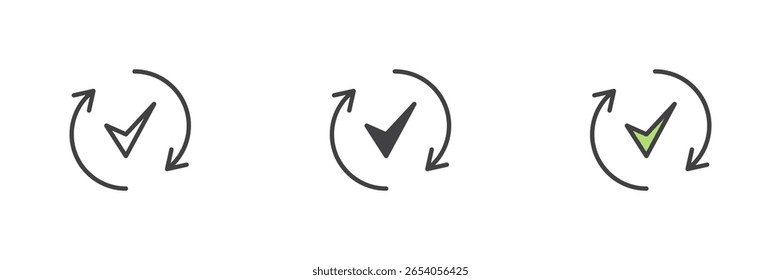 Marca de seleção com setas de rotação ícone de estilo diferente definido. Ícone de vetor de contorno preenchido com linhas, sólido e colorido. Atualizar tarefa, símbolo do ciclo de aprovação. Projeto de verificação vetorial.