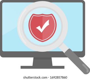 Marca de verificación, escudo, ordenador y cristal de aumento