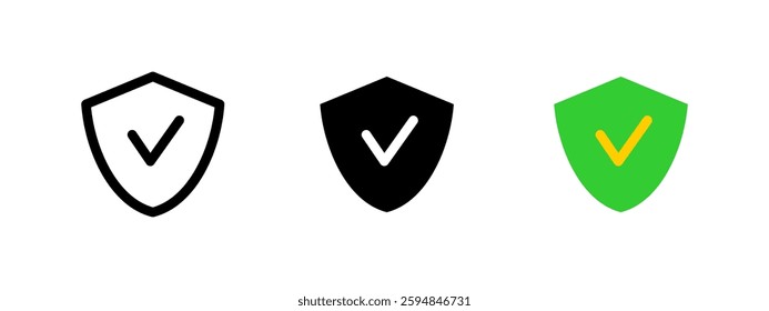 Checkmark shield icon. Security and protection symbol. Verified approval vector illustration. Safety and authentication pictogram. Reliable defense and guarantee concept.