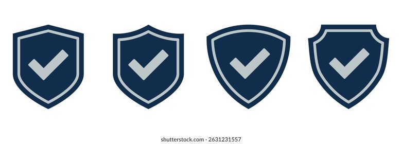 Checkmark Shield Icons. Security Badge with Tick Mark Set for Approval, Verified Access, Protection, Confirmation. Blue Trust Emblem Design for Cyber, Quality, and Certified Concepts