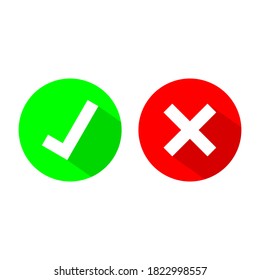 checkmark sign on green circle and x cross sign on red circle. yes and no symbol isolated on white background. vector illustration 