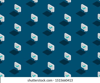 Checkmark sign in speech bubble message 3D isometric seamless pattern, Correct text send concept design illustration isolated on green background with copy space, vector eps 10