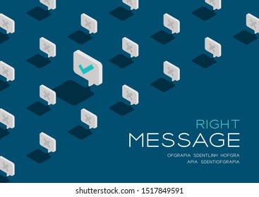 Checkmark sign in speech bubble message 3D isometric pattern, Correct text send concept poster and social banner post horizontal design illustration isolated on green background with space, vector