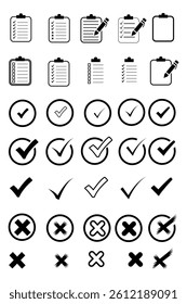 Checkmark silhouette vector icon set, checklist, cross symbol vector illustration. Perfect for make task management, forms, lists.