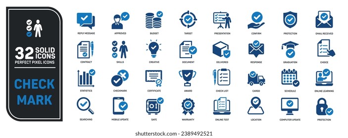 Colección de iconos sólidos de marca de verificación. Contiene iconos de aprobación, hecho, opción, opción, etc. Para diseño de marketing de sitios web, logotipo, aplicación, plantilla, ui, etc. Ilustración vectorial.