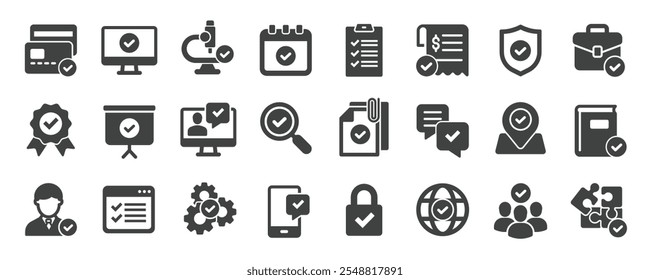 Colección de iconos sólidos de marca de verificación. Contiene iconos de aprobación, hecho, elección, opción, etc. Para el diseño de marketing de Sitio web, logotipo, App, Plantilla, ui, etc. Ilustración vectorial.