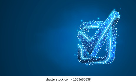 A checkmark in the square box. Success, business agreement, ok sign, approval concept. Abstract digital wireframe, low poly mesh, polygonal vector blue neon 3d illustration. Line, dot