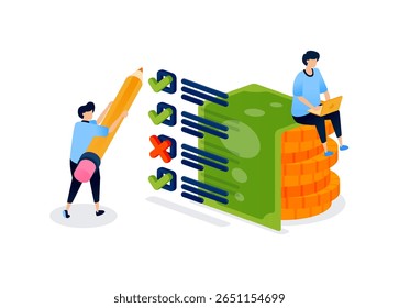 checkmark and a stack of money illustrate financial decisions and the process of analyzing good versus bad spending and investment strategies. Can be used for banner, mobile app, website, card