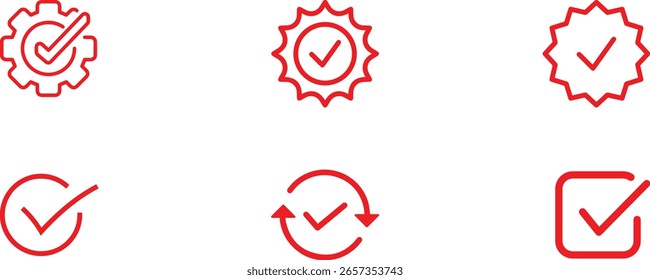 Marca de verificación, sello, insignia, emblema, ícono, flecha hacia abajo de la Ilustración vectorial y varias Formas circulares con marcas de verificación	