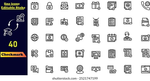 Checkmark stroke icon collection featuring icons for check, accept, agree, select, confirm, approve, correct, complete, checklist, and verified. Outline stroke icon set.