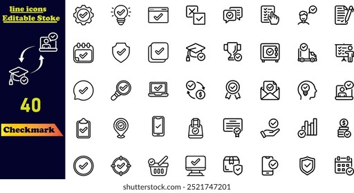 Checkmark stroke icon collection featuring icons for check, accept, agree, select, confirm, approve, correct, complete, checklist, and verified. Outline stroke icon set.