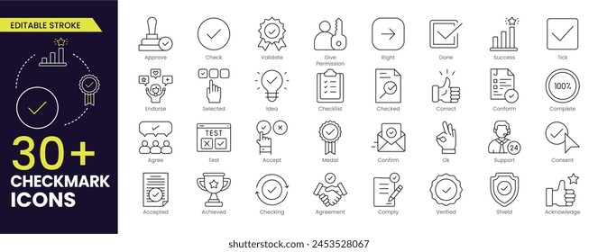 Checkmark Stroke icon collections. Containing check, accept, agree, selected, confirm, approve, correct, complete, checklist, and verified icons. Stroke icon collection outline icon.