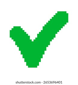 Modelos de marca de verificação no estilo pixel art. Símbolo de confirmação sólido verde. Tique, sucesso, rótulos. Isolado no fundo branco.