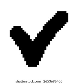 Plantillas de marca de verificación en estilo de pixel art. Símbolo de confirmación sólido negro. Tic, éxito, etiquetas. Aislado sobre fondo blanco.