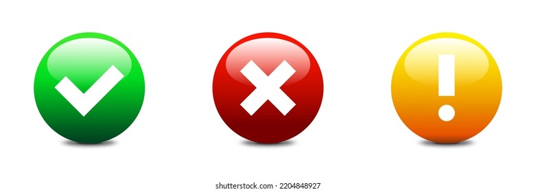 Checkmark or tick and cross glossy button. Security buttons set. Flat vector illustration.