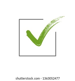 Checkmark tick, hand drawn with brush. Symbol of approval, ok and yes.