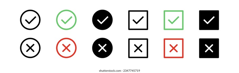 Checkmark tick icons. X mark symbol. Green check mark icon. Red cross sign. Approve and decline symbol. Outline cross mark. Choice symbol illustration