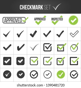 Checkmark or tick mark collection set. Acceptance, approval, right choice, correct selection, true option, positive answer, saying yes, , confirmation concept. Vector illustration isolated on white