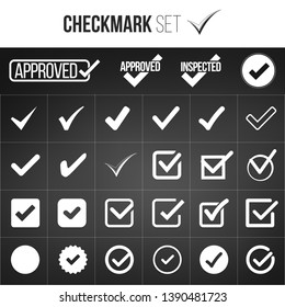 Checkmark or tick mark collection set. Acceptance, approval, right choice, correct selection, true option, positive answer, saying yes, , confirmation concept. Vector illustration isolated on black