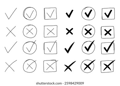 Checkmark v x Doodle Set. Black and White Check Mark Tick Symbol. Checkmark Icon Collection. Vector Illustration 