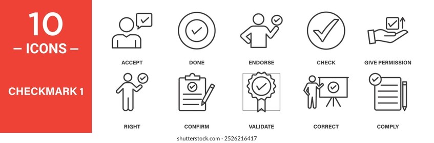 Marca de seleção e conjunto de ícones de validação: 10 ícones de linha incluindo símbolos de aceitação, validação, confirmação e concessão de permissão