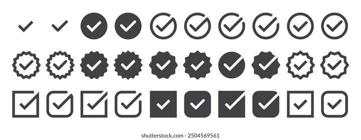 checkmark vector, checkmark icon set, approved symbol, checked checkbox mark, checkmark set, editable line.