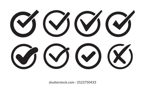 vetor de marca de seleção, conjunto de ícones de marca de seleção, símbolo aprovado, marca de caixa de seleção marcada, conjunto de marcas de seleção,.Ilustração de vetor EPS 10