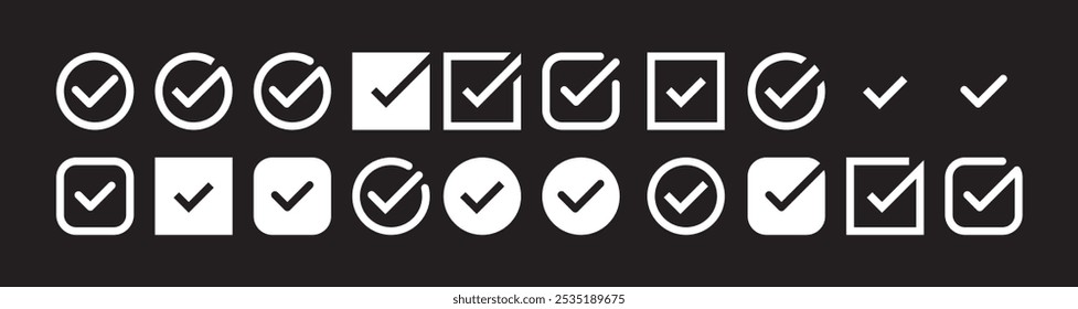 checkmark vector, checkmark icon set, approved symbol, checkbox mark, checkmark set, editable line. black background