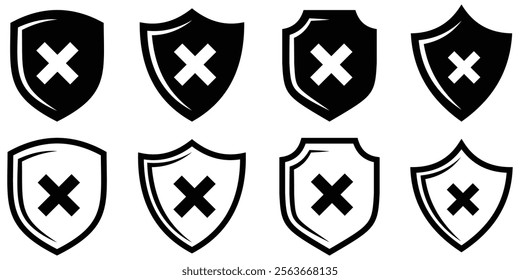 checkmark vector, checkmark icon set, approved symbol, checked checkbox mark, checkmark set, editable line. shield checkmark, cross, approved, rejected, yes, no. Set of black crosses. Design eps 10