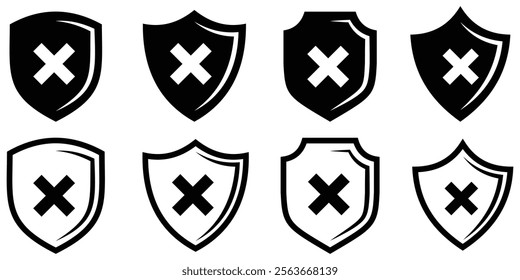 checkmark vector, checkmark icon set, approved symbol, checked checkbox mark, checkmark set, editable line. shield checkmark, cross, approved, rejected, yes, no. Set of black crosses. Design eps 10