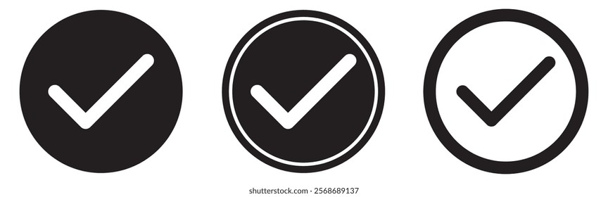 checkmark vector, checkmark icon set, approved symbol, checked checkbox mark, checkmark set, editable line. Check box vector icons set