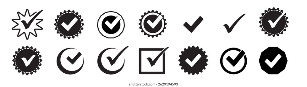 vetor de marca de seleção, conjunto de ícones de marca de seleção, símbolo aprovado, marca de caixa de seleção marcada, conjunto de marcas de seleção, linha editável. Ilustração de Vetor