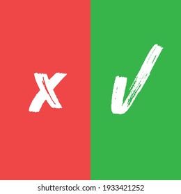 Checkmark vector icons. Green Tick and red x check marks. Grungy hand drawn style. Accepted and rejected symbols.
