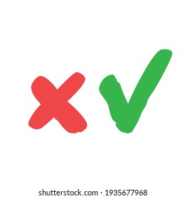 Checkmark vector icons. Green Tick and red x check marks. Grungy hand drawn style. Accepted and rejected symbols.