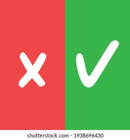 Iconos vectoriales de marca de verificación. Marcas de verificación Green Tick y Red x. Grungy estilo dibujado a mano. Símbolos aceptados y rechazados.