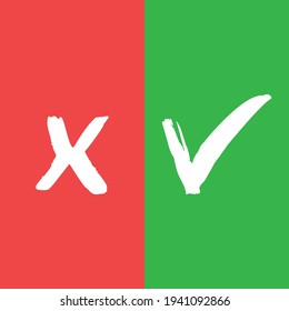 Checkmark vector icons. Green Tick and red x check marks. Grungy hand drawn style. Accepted and rejected symbols.