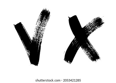 Vektorsymbole markieren. Handgemalte Grunge Textur Stil. Tinte, Aquarellpinsel. Akzeptierte und abgelehnte Symbole.