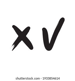 Checkmark vector icons. Tick and cross check marks. Grungy hand drawn style. Correct and wrong symbols.