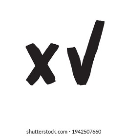 Checkmark vector icons. Tick and cross check marks. Grungy hand drawn style. Correct and wrong symbols.