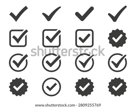 Checkmark Verification Icon Collection - Diverse Tick Marks in Boxes Circles and Seals - Task Completion and Approval Status Symbol Vector Set
